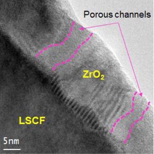 HRTEM images of the ALD-derived ZrO2 nanoscale overcoats. Cross-sectional view showing through-thickness pores